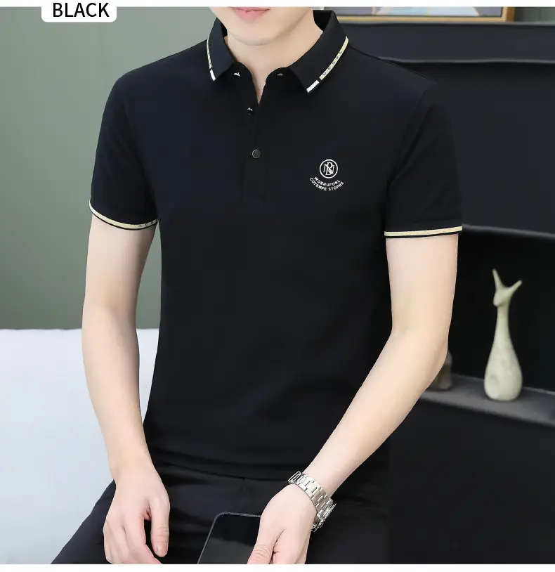 Men's Black Embroidered Polo Shirt with White Trim — feature 34