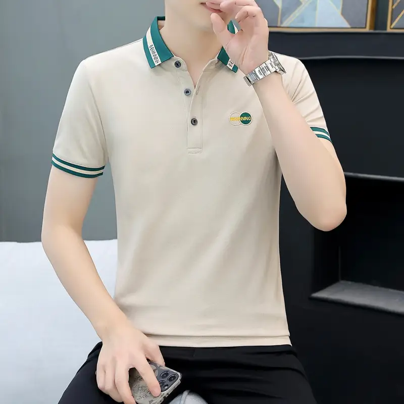 Men's Black Embroidered Polo Shirt with White Trim - Image 11