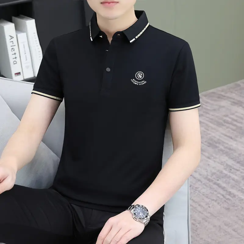 Men's Black Embroidered Polo Shirt with White Trim - Image 16