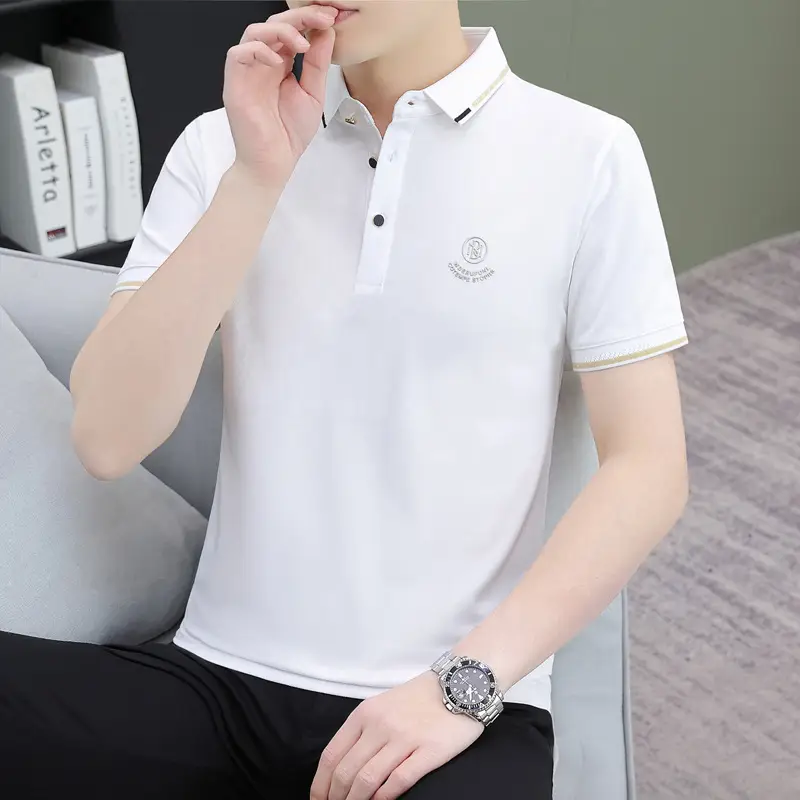 Men's Black Embroidered Polo Shirt with White Trim - Image 17