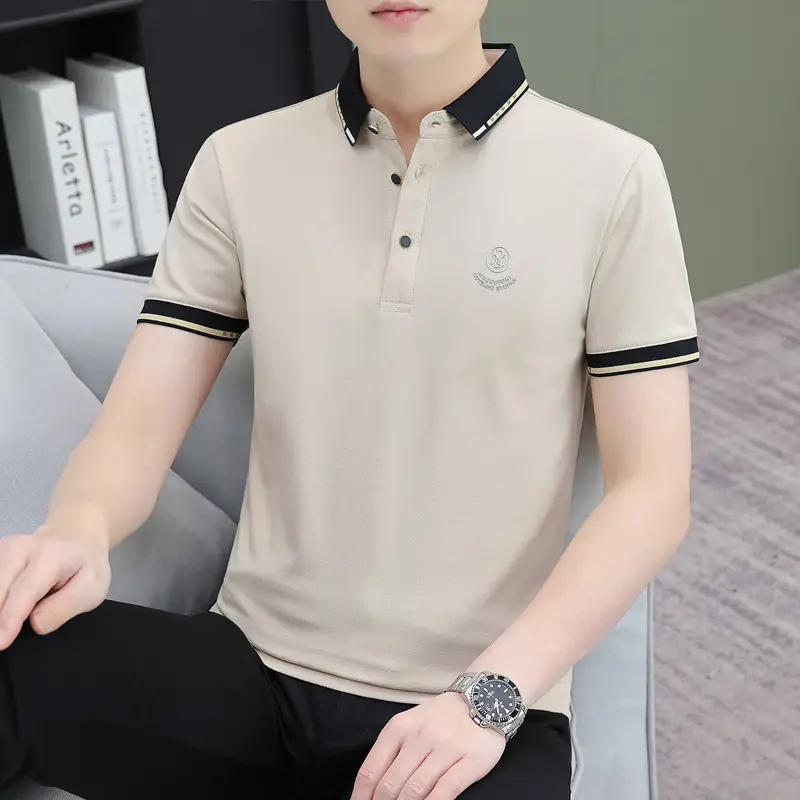 Men's Black Embroidered Polo Shirt with White Trim - Image 19