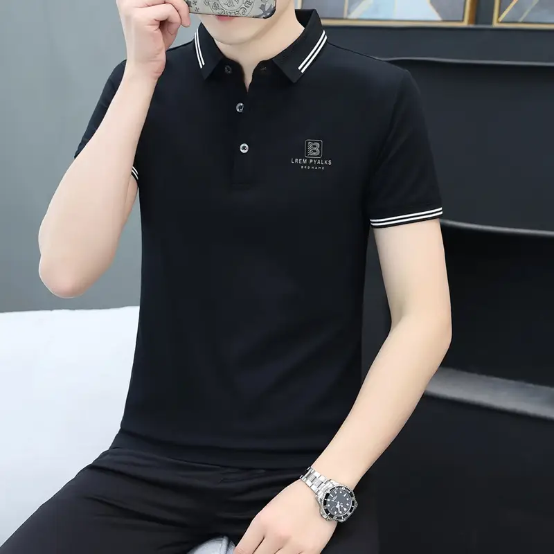 Men's Black Embroidered Polo Shirt with White Trim - Image 2