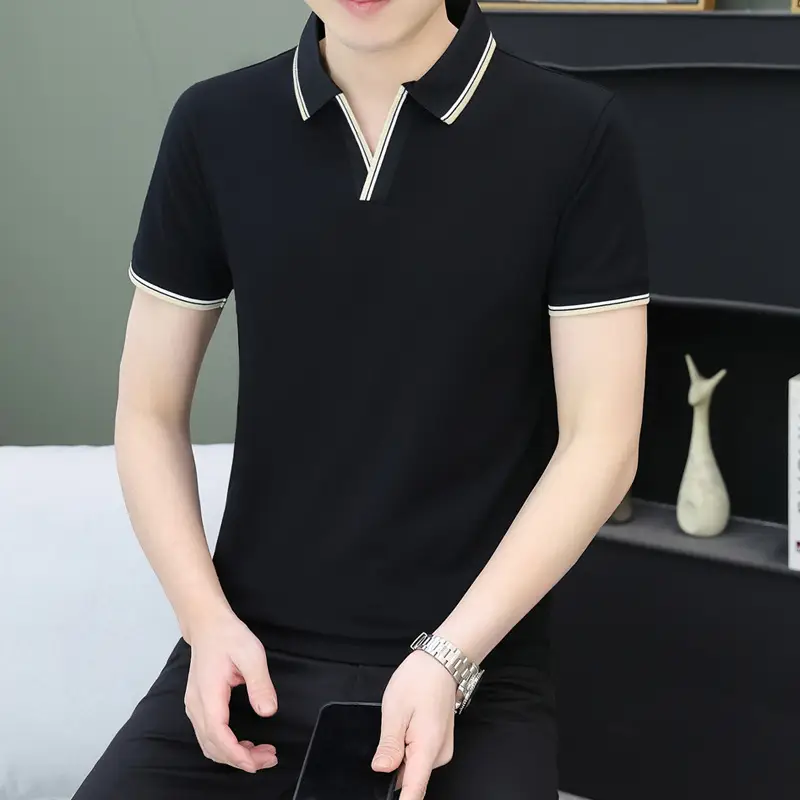 Men's Black Embroidered Polo Shirt with White Trim - Image 21