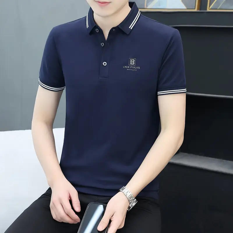 Men's Black Embroidered Polo Shirt with White Trim - Image 4