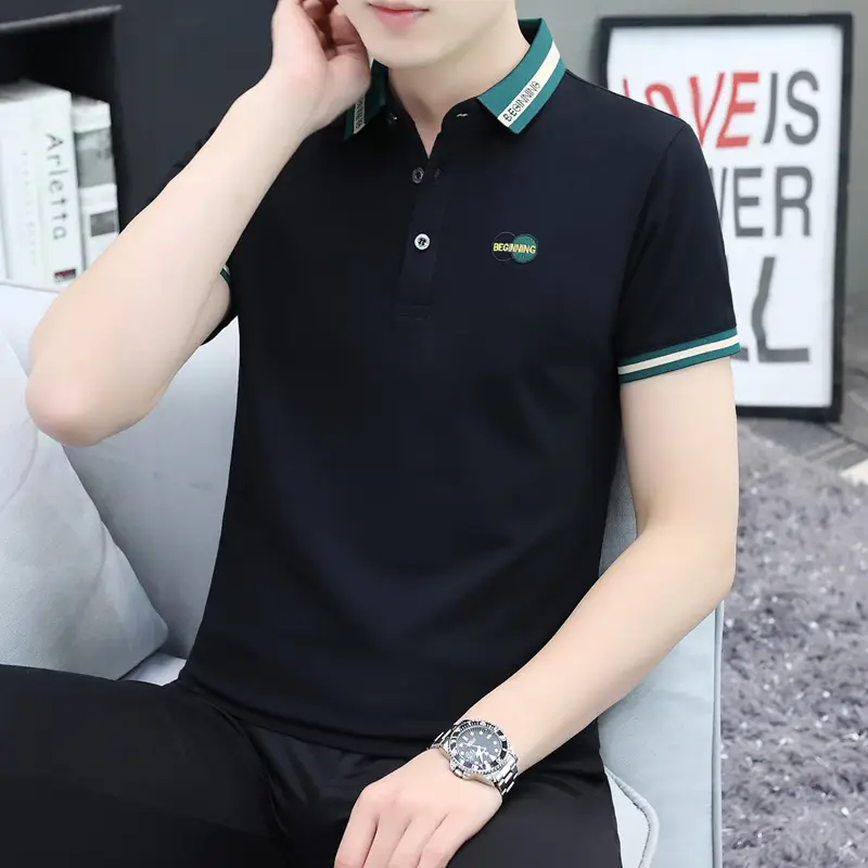 Men's Black Embroidered Polo Shirt with White Trim - Image 6