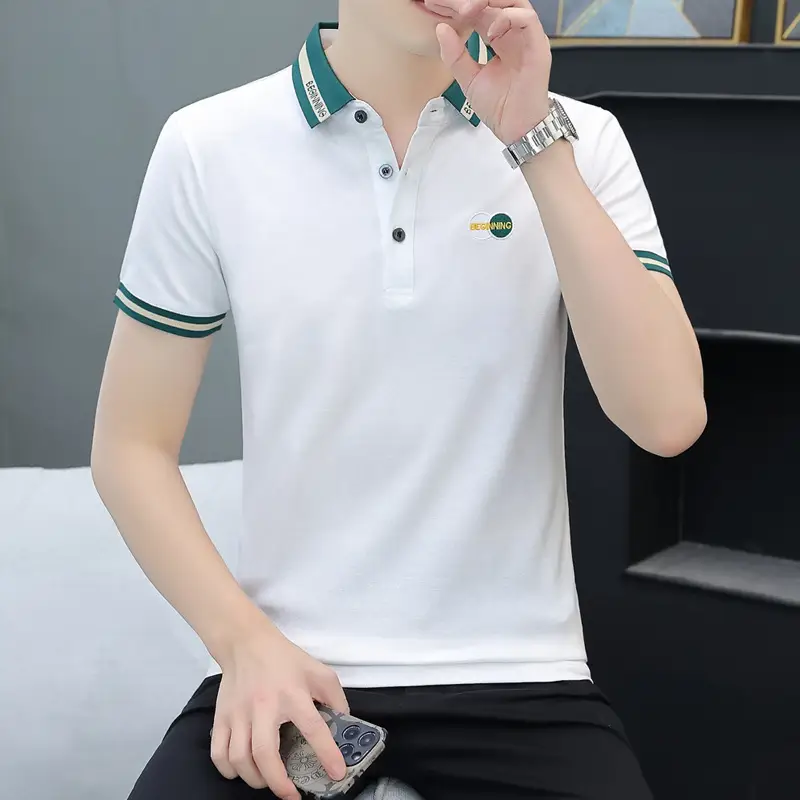 Men's Black Embroidered Polo Shirt with White Trim - Image 7