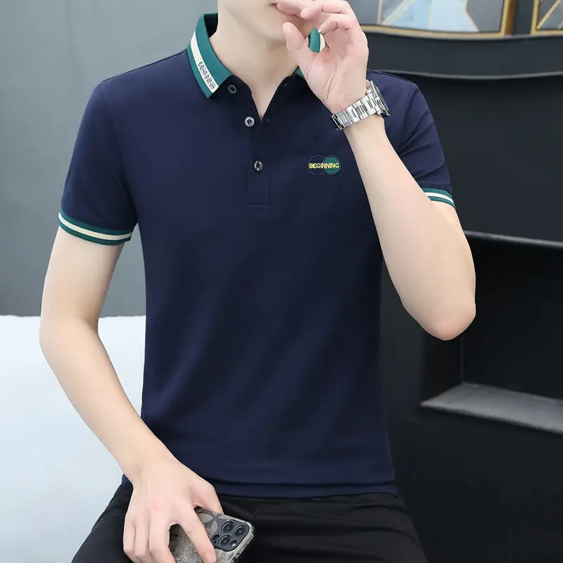 Men's Black Embroidered Polo Shirt with White Trim - Image 8