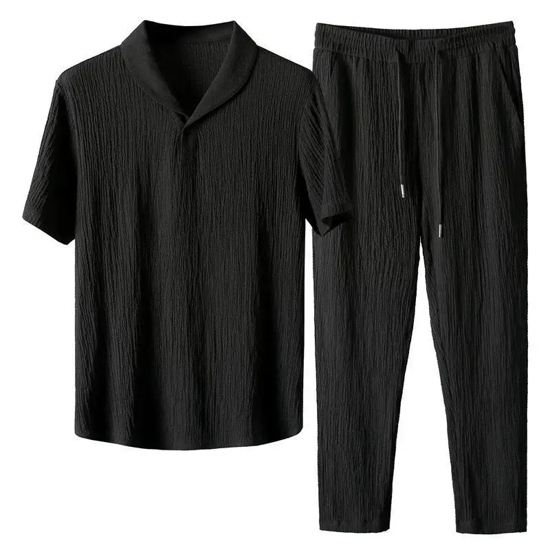 Men Black Pleated Casual Sports Suit Two-Piece Set - Image 7