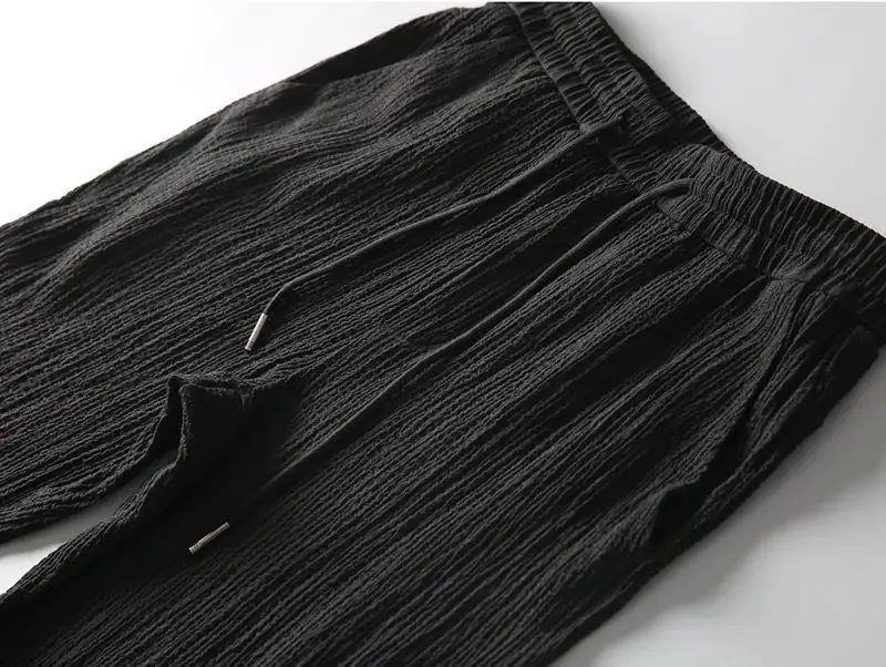Men Black Pleated Casual Sports Suit Two-Piece Set — feature 10