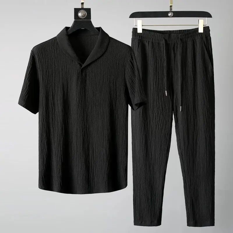 Men Black Pleated Casual Sports Suit Two-Piece Set — feature 2