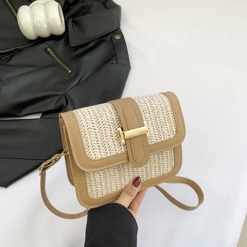 Stitched Straw Shoulder Bag Tan Beige 2024 - Image 2