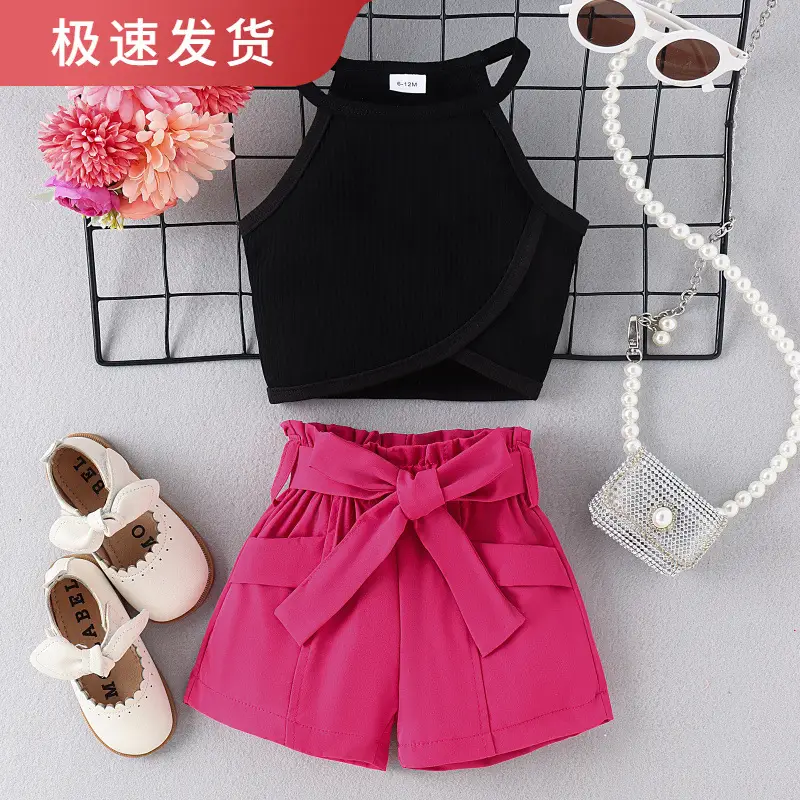 Girls Crossbody Top Shorts Set Black Pink Belt - Image 2