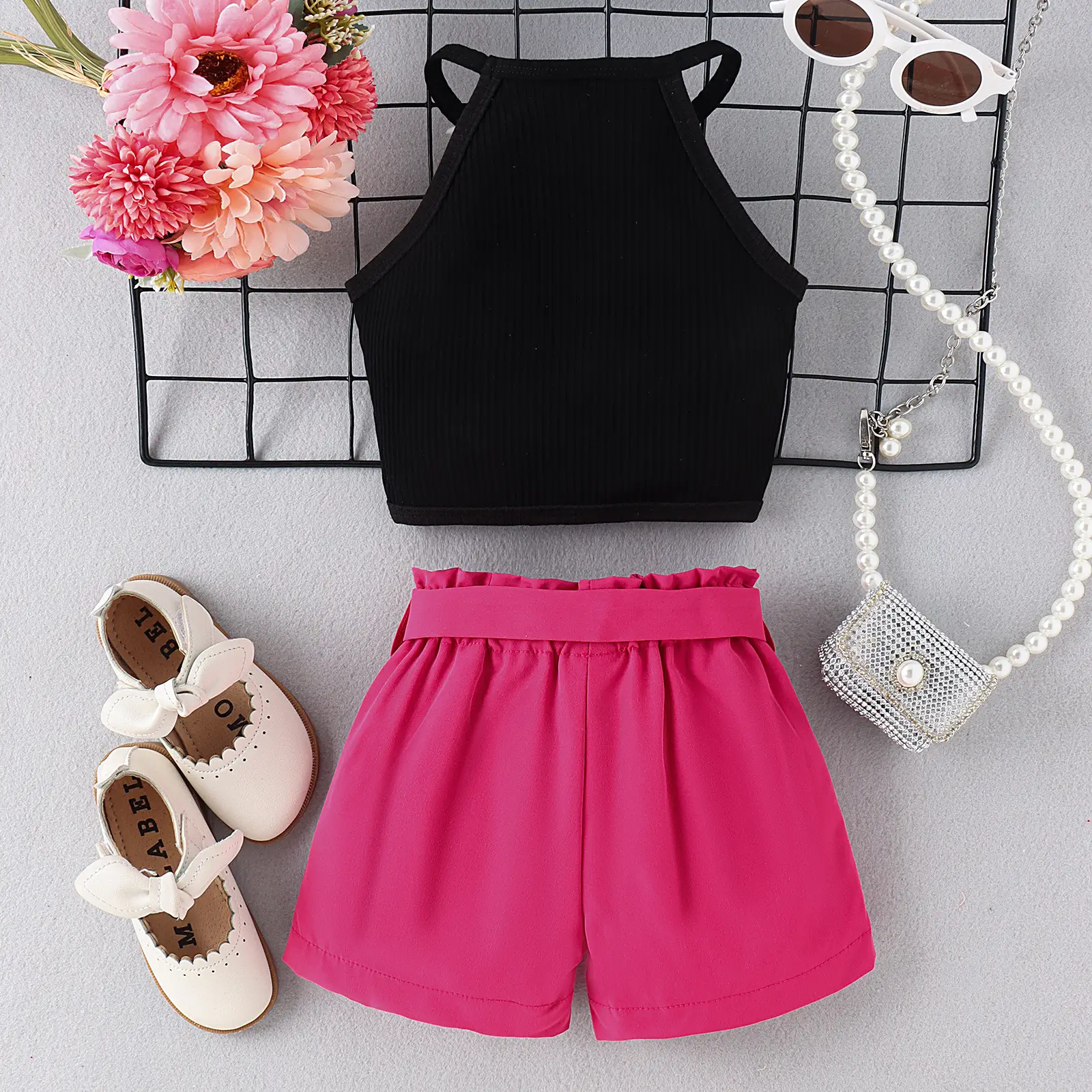 Girls Crossbody Top Shorts Set Black Pink Belt - Image 3