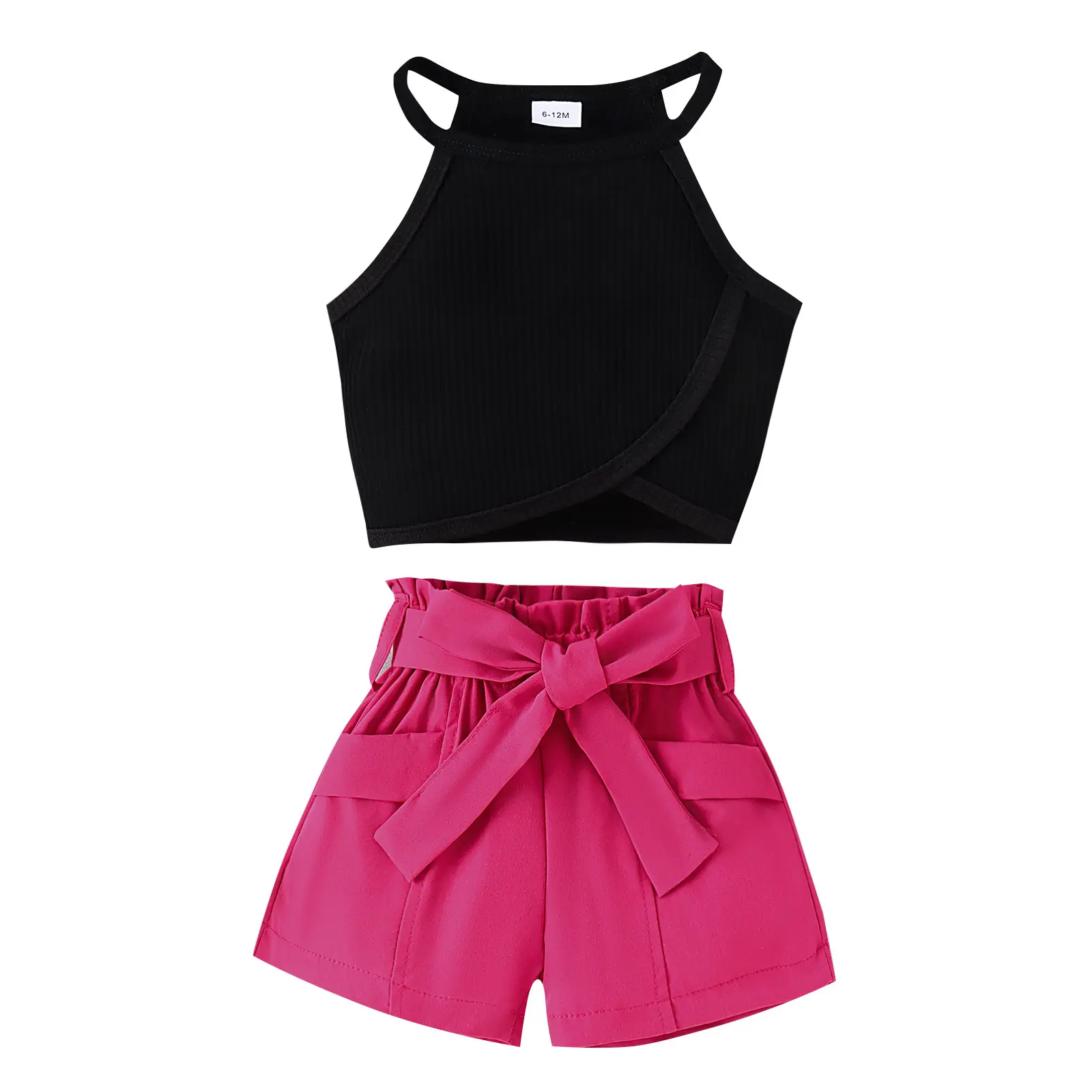 Girls Crossbody Top Shorts Set Black Pink Belt - Image 6