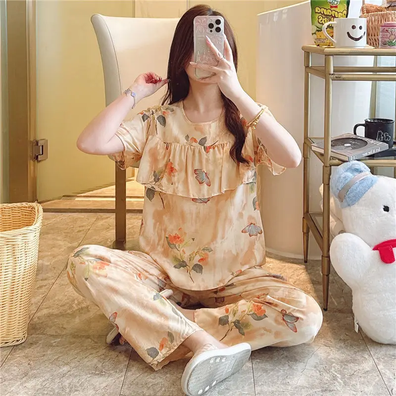 2026 Women Printed Cotton Silk Long Pants Set Plus Size - Image 17