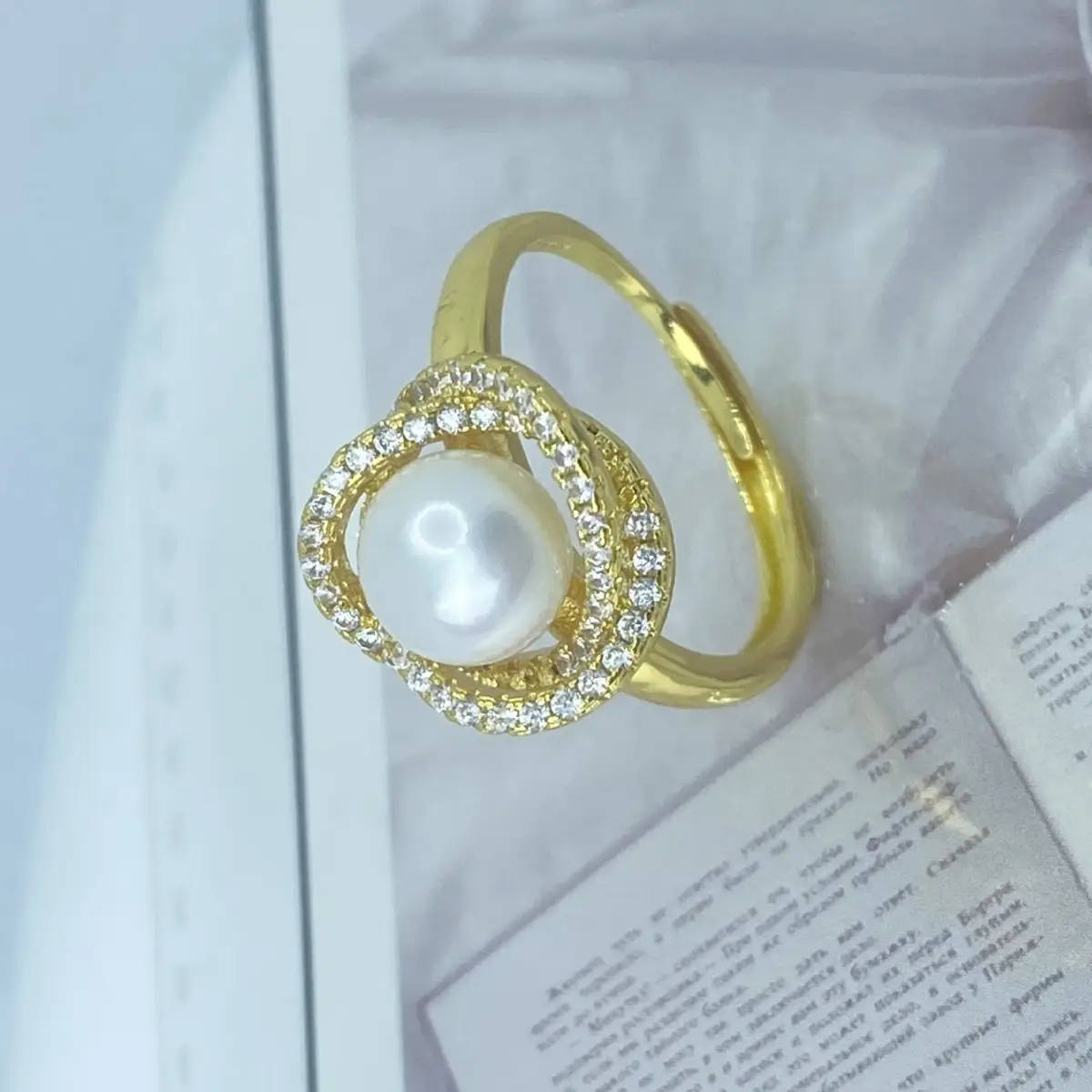 Pearl Ring with Diamond Set Gold Plated - Image 2