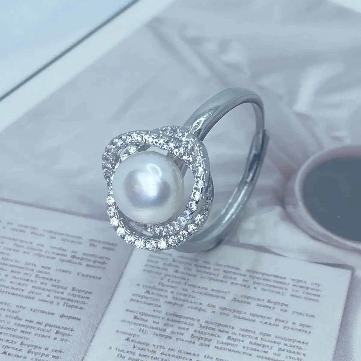 Pearl Ring with Diamond Set Gold Plated - Image 4