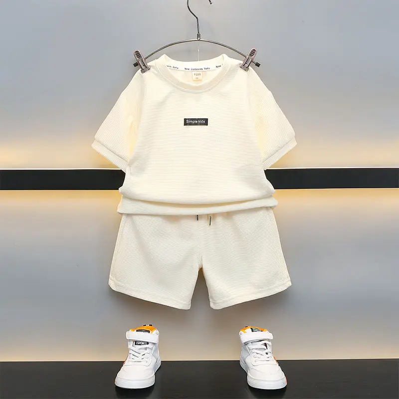 Boys Summer Suit Cream Cotton Shorts T-Shirt Two-Piece Set - Image 4