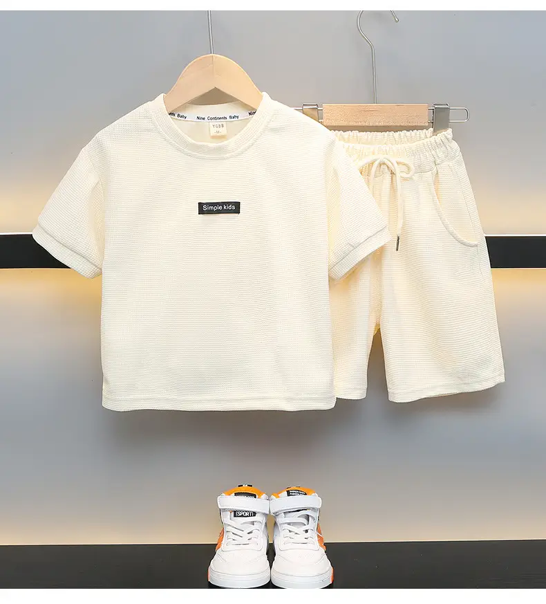 Boys Summer Suit Cream Cotton Shorts T-Shirt Two-Piece Set — feature 12