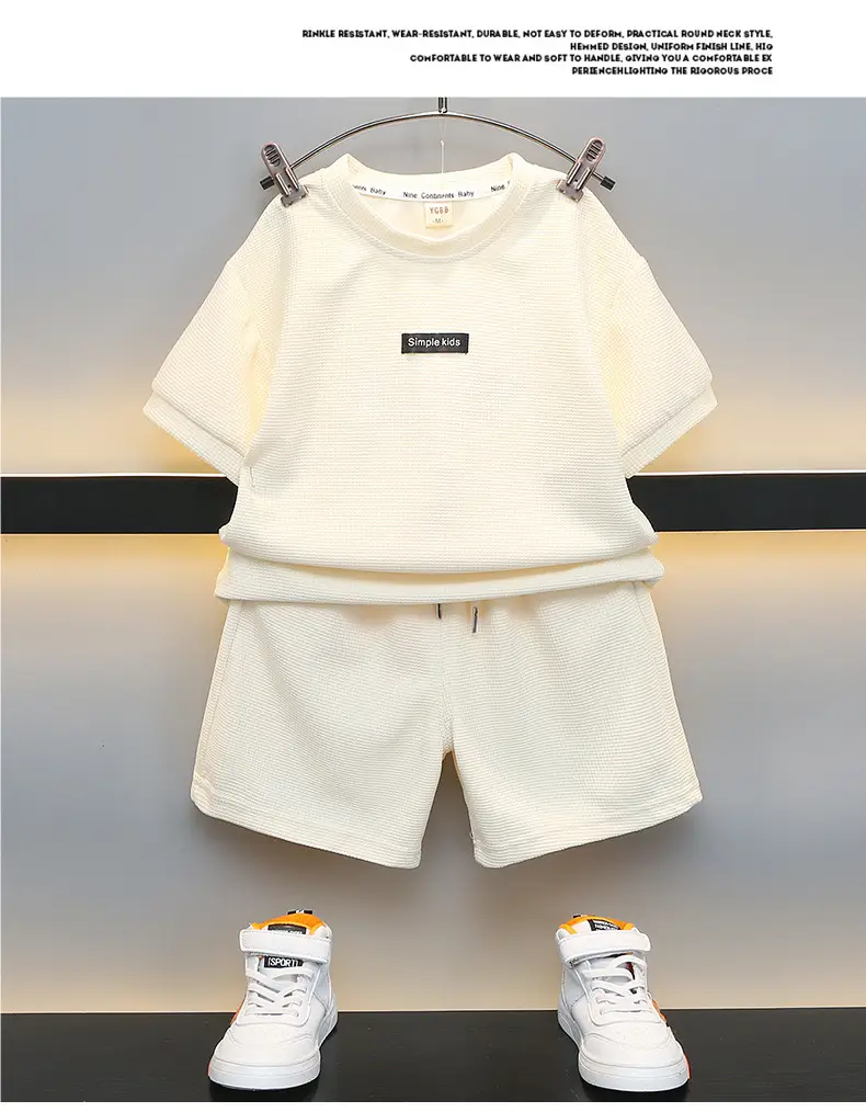 Boys Summer Suit Cream Cotton Shorts T-Shirt Two-Piece Set — feature 13
