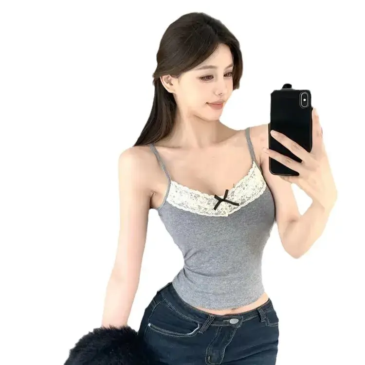 Lace Trimmed Gray Camisole for Women with Chest Pads