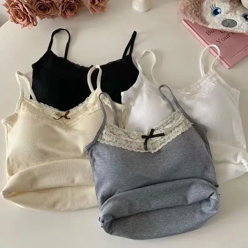 Lace Trimmed Gray Camisole for Women with Chest Pads — feature 34