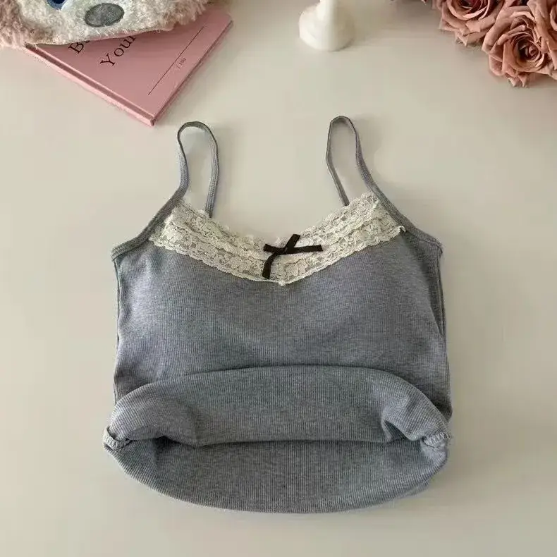 Lace Trimmed Gray Camisole for Women with Chest Pads — feature 35
