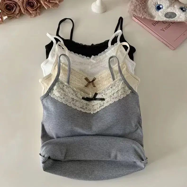 Lace Trimmed Gray Camisole for Women with Chest Pads — feature 38