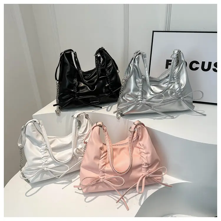 Silver Drawstring Bow Backpack for Women 2024 Spring - Image 6