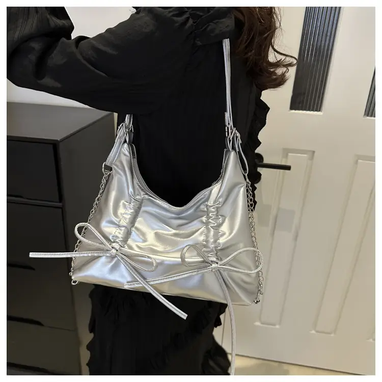 Silver Drawstring Bow Backpack for Women 2024 Spring - Image 8