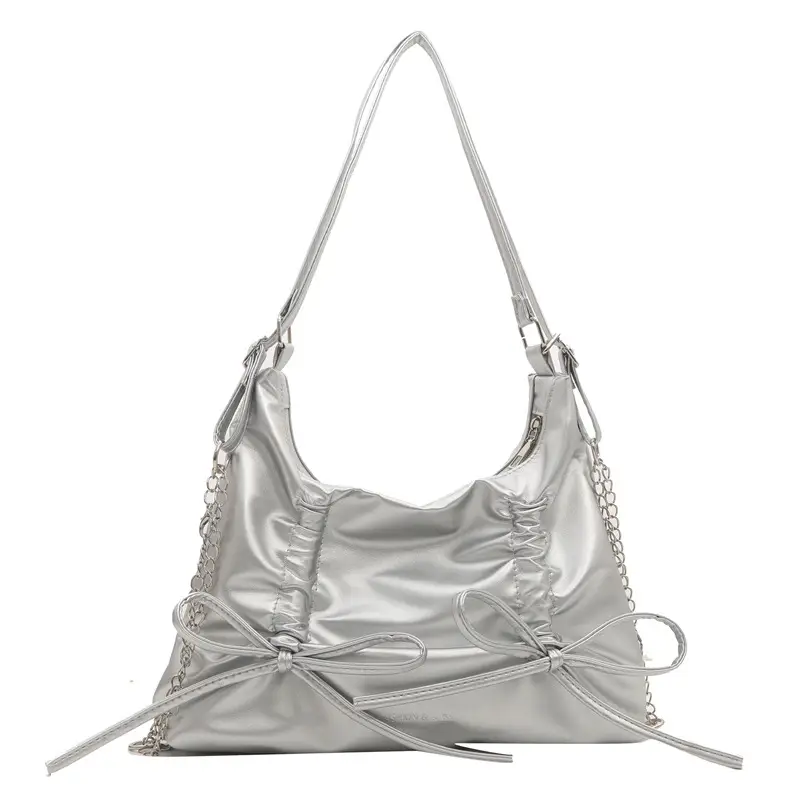 Silver Drawstring Bow Backpack for Women 2024 Spring - Image 9