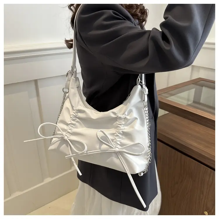 Silver Drawstring Bow Backpack for Women 2024 Spring — feature 14