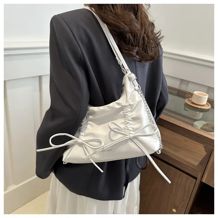 Silver Drawstring Bow Backpack for Women 2024 Spring — feature 15