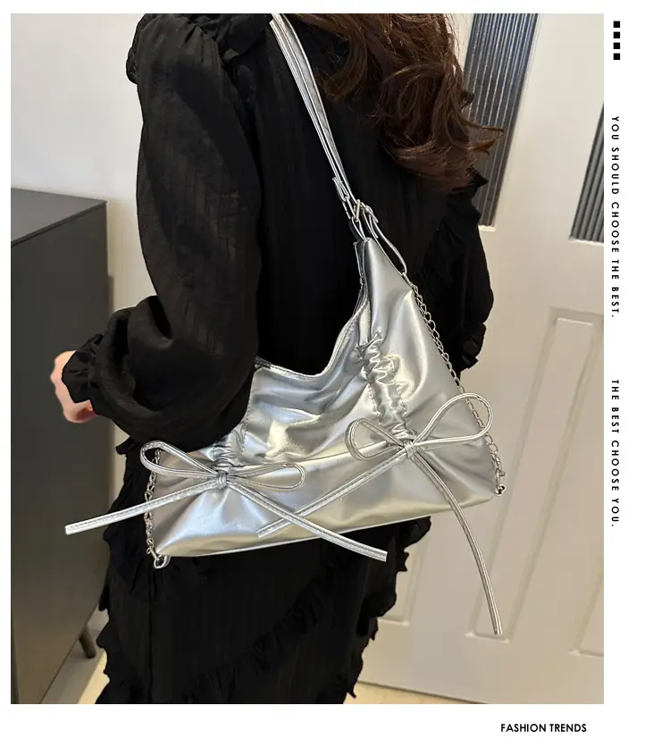 Silver Drawstring Bow Backpack for Women 2024 Spring — feature 2