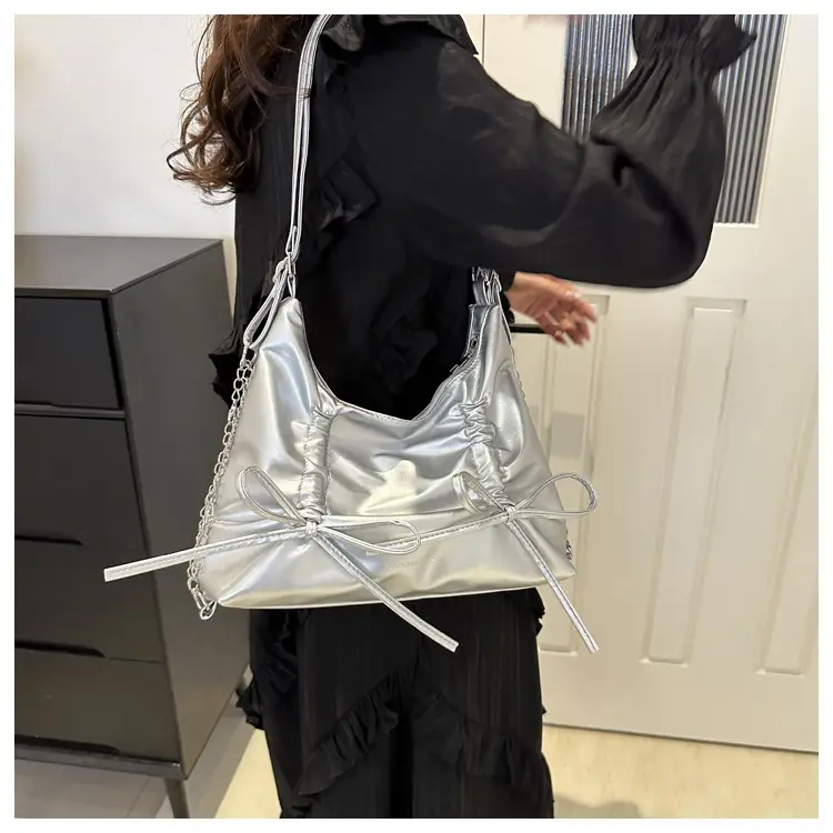 Silver Drawstring Bow Backpack for Women 2024 Spring — feature 24