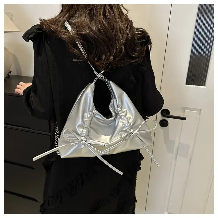 Silver Drawstring Bow Backpack for Women 2024 Spring — feature 25
