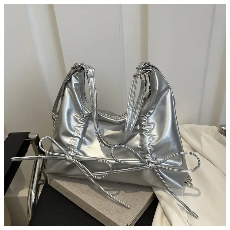 Silver Drawstring Bow Backpack for Women 2024 Spring — feature 27