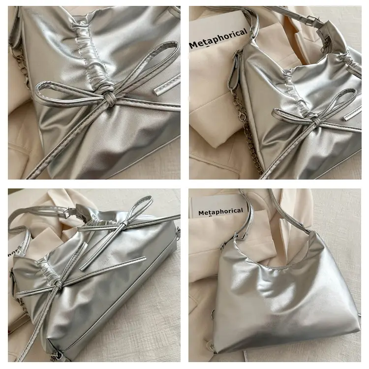 Silver Drawstring Bow Backpack for Women 2024 Spring — feature 9