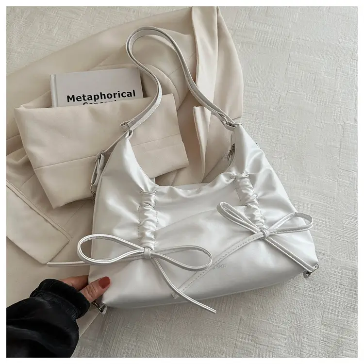Silver Drawstring Bow Backpack for Women 2024 Spring - Image 2