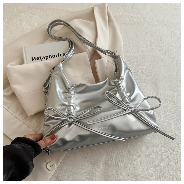 Silver Drawstring Bow Backpack for Women 2024 Spring - Image 4