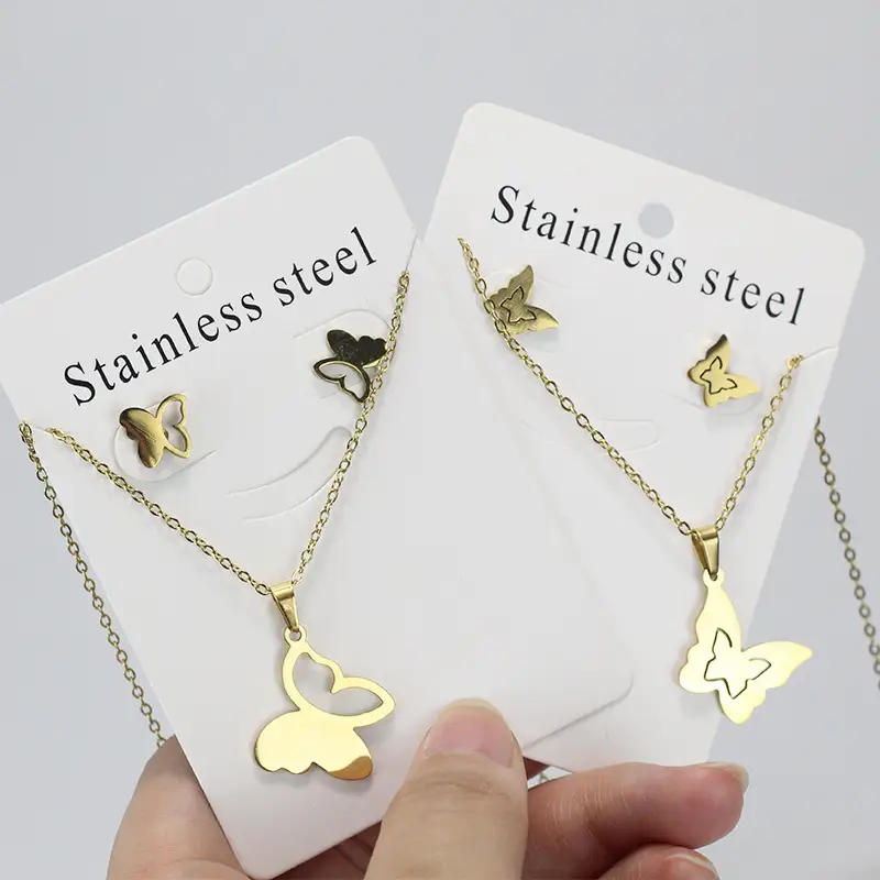 Stainless Steel Butterfly Jewelry Set Gold Earrings Necklace - Image 16