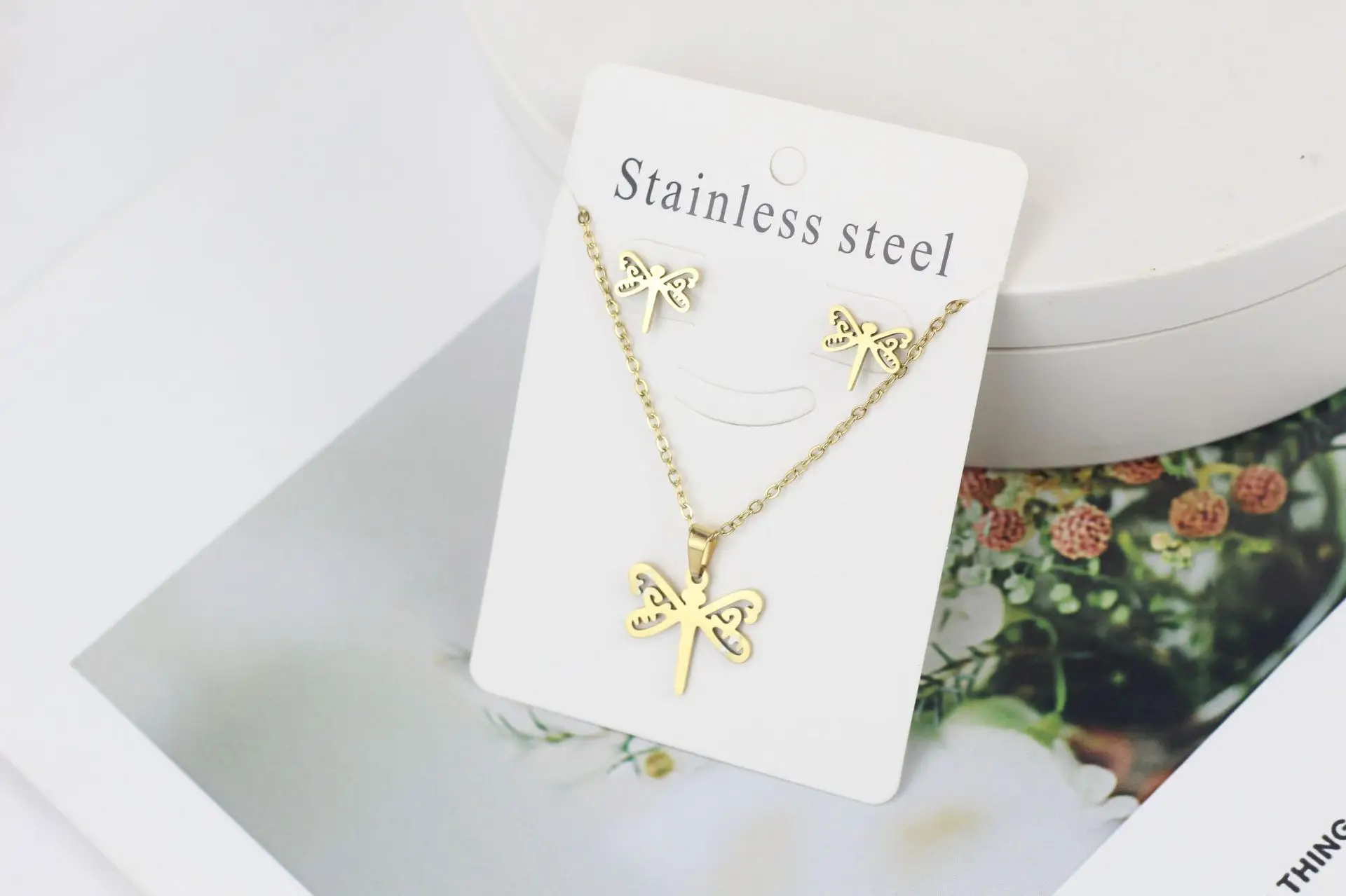 Stainless Steel Butterfly Jewelry Set Gold Earrings Necklace - Image 12