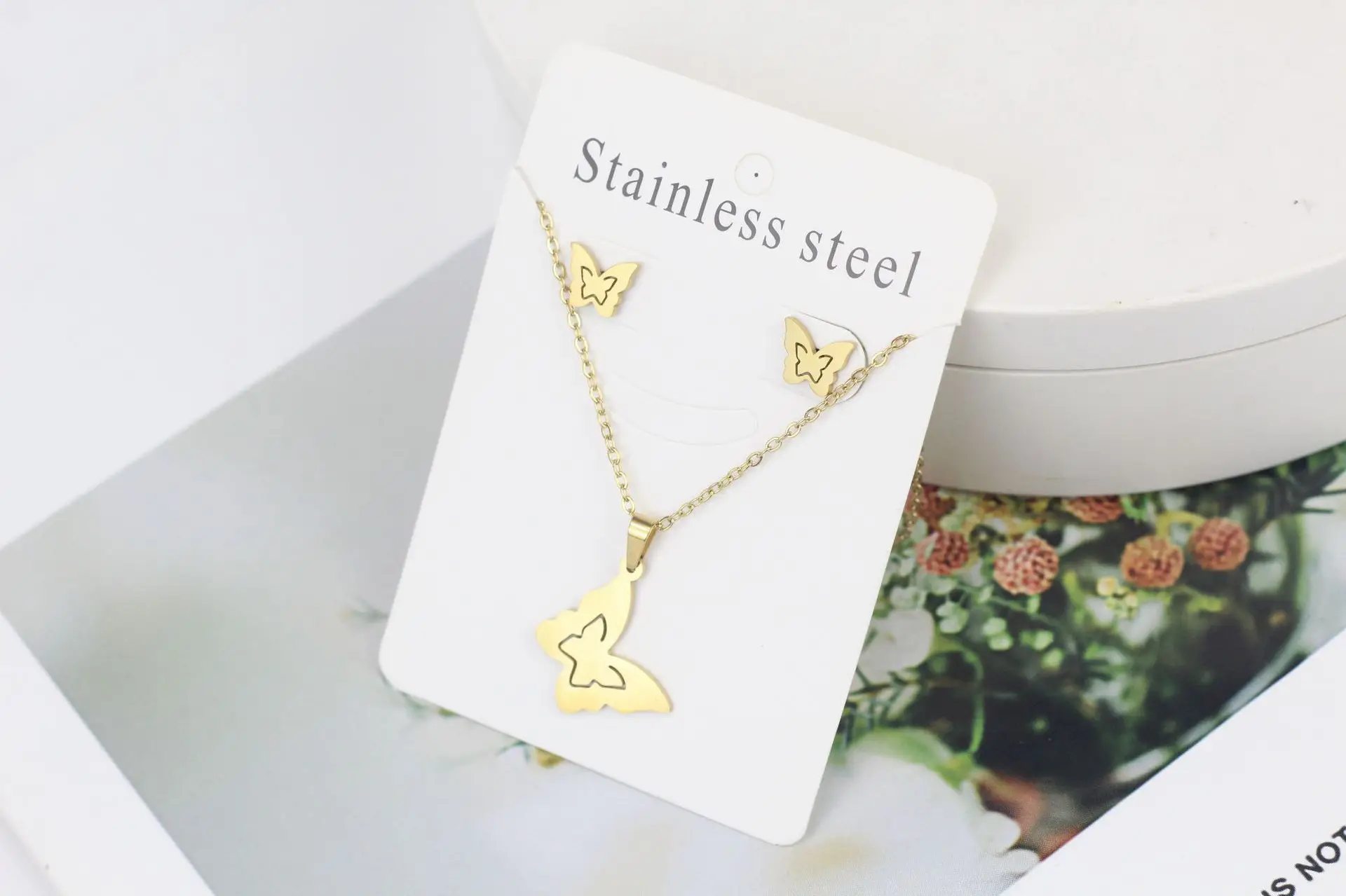 Stainless Steel Butterfly Jewelry Set Gold Earrings Necklace - Image 8