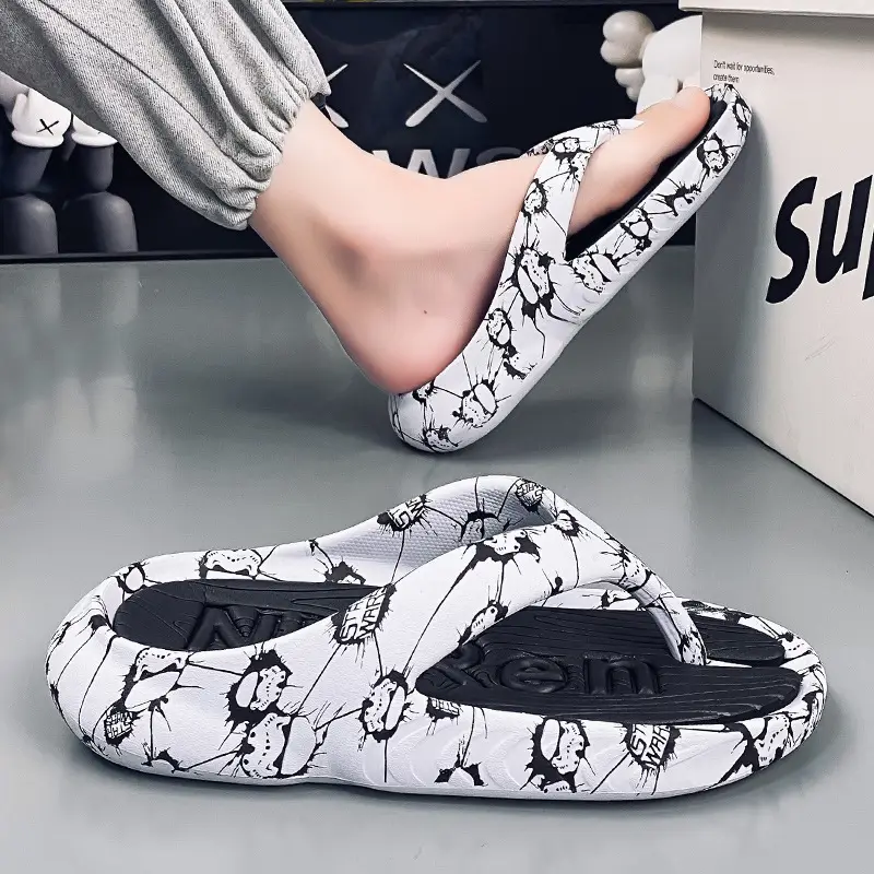 2024 Men's Black Printed Flip Flops Large