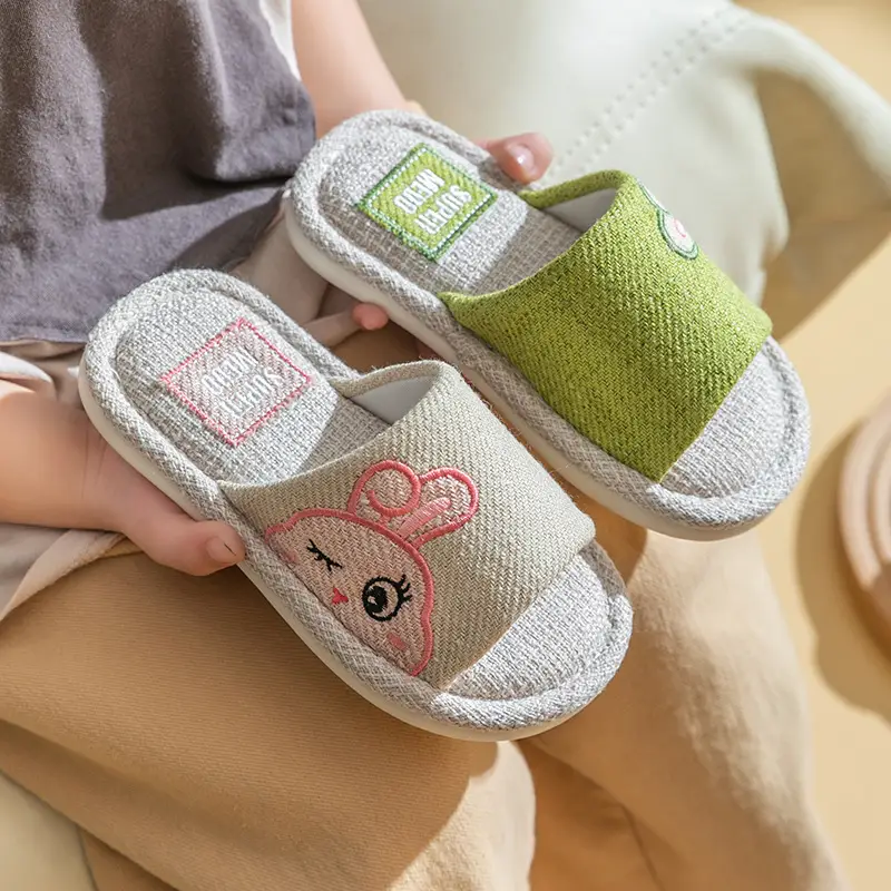 Four Seasons Children's Linen Slippers Women's Spring and Autumn Household Parent-Child Indoor Home Cute Cotton Linen Cotton Home Cloth Couple Summer