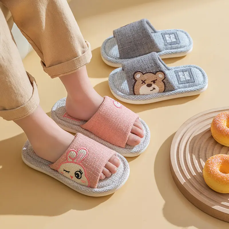 Four Seasons Children's Linen Slippers Women's Spring and Autumn Household Parent-Child Indoor Home Cute Cotton Linen Cotton Home Cloth Couple Summer