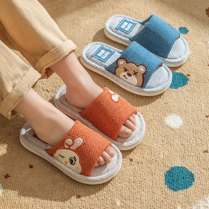 Four Seasons Children's Linen Slippers Women's Spring and Autumn Household Parent-Child Indoor Home Cute Cotton Linen Cotton Home Cloth Couple Summer