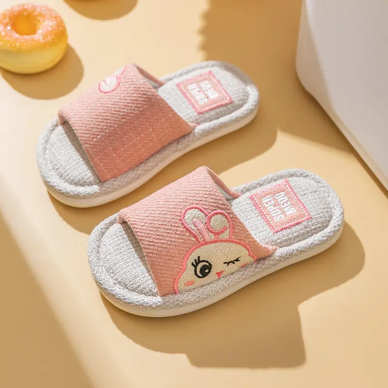 Four Seasons Children's Linen Slippers Women's Spring and Autumn Household Parent-Child Indoor Home Cute Cotton Linen Cotton Home Cloth Couple Summer