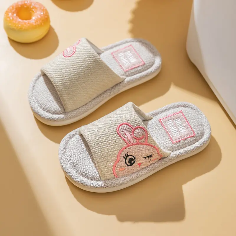 Four Seasons Children's Linen Slippers Women's Spring and Autumn Household Parent-Child Indoor Home Cute Cotton Linen Cotton Home Cloth Couple Summer