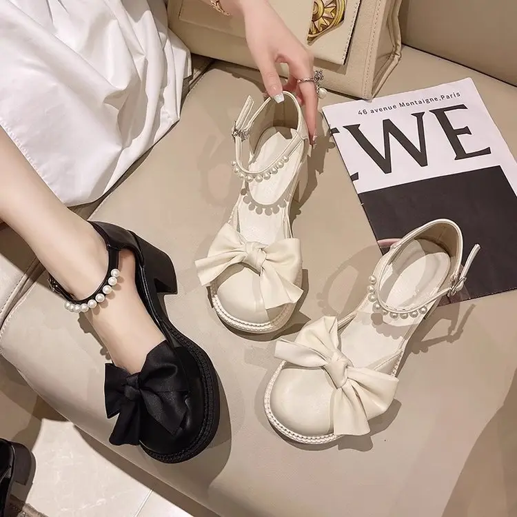 Toe Bow Sandals Women's 2024 Summer New All-match Retro Thick Heel Shoes Non-slip Mary Jane Leather Shoes - Image 4